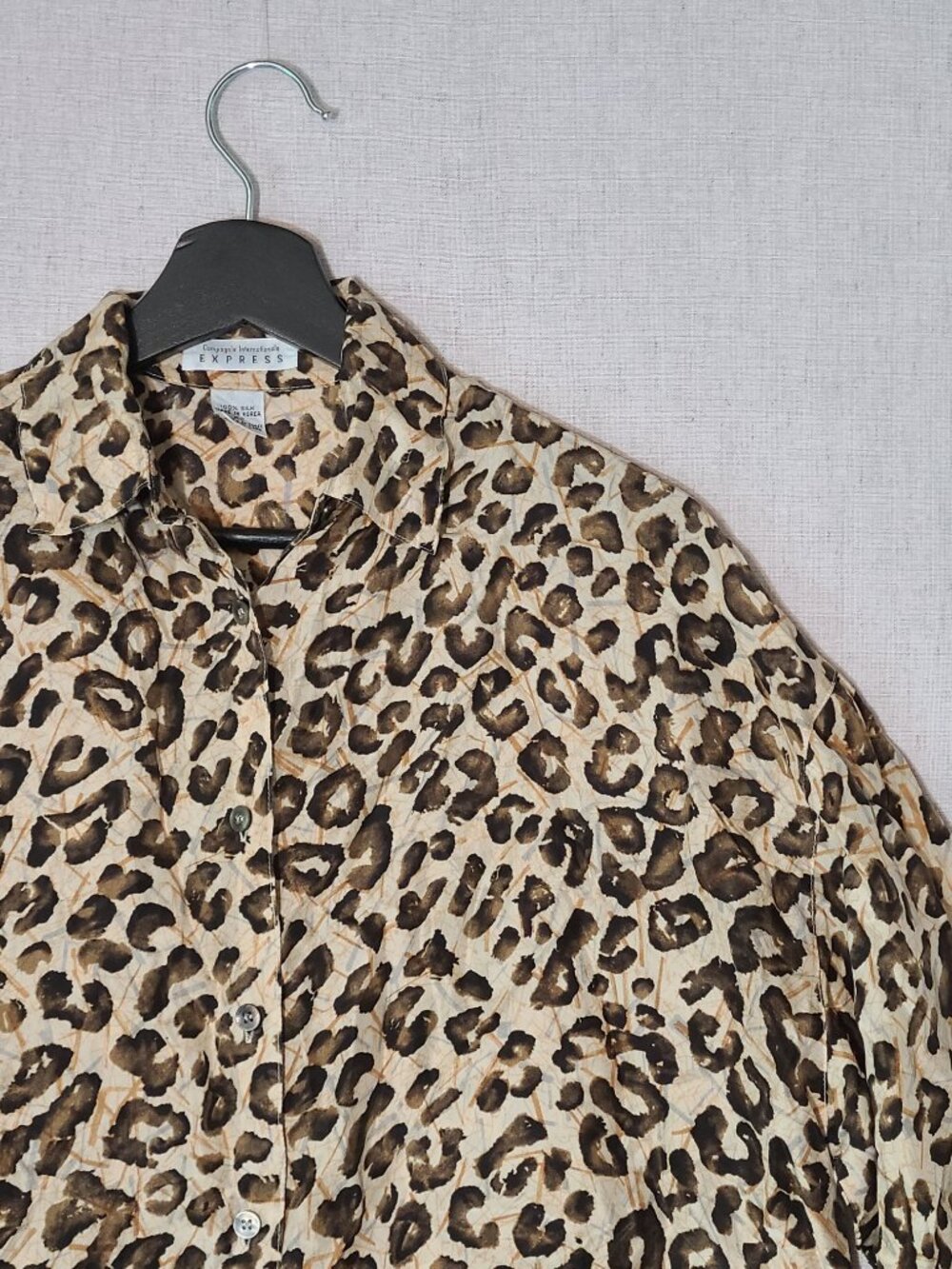 Vintage 90s Express Silk Button Front Blouse XS Oversized Leopard Long Sleeve
